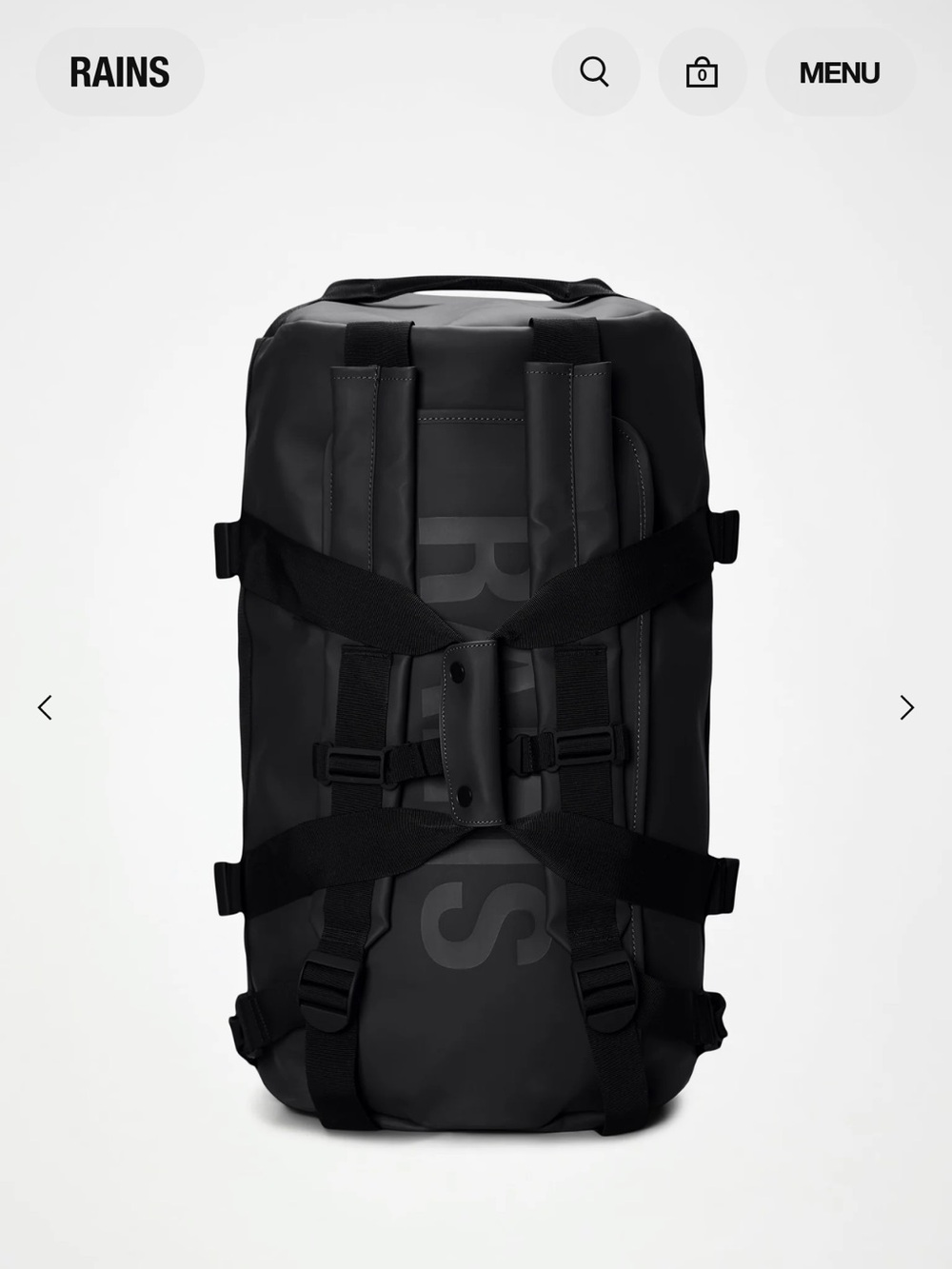 RAINS Black Duffel Backpack Water Resistant